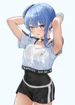  1girl absurdres armpits arms_up black_choker black_leotard blue_eyes blue_hair breasts choker collarbone covered_navel diptip high_side_ponytail highres hololive hololive_dance_practice_uniform hoshimachi_suisei leotard leotard_under_clothes looking_at_viewer midriff official_alternate_costume parted_lips short_shorts shorts simple_background small_breasts solo star_(symbol) star_in_eye symbol_in_eye virtual_youtuber 