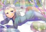  1girl blurry blurry_background closed_mouth commentary_request commission depth_of_field forehead grey_eyes grey_hair grey_jacket grey_pants jacket kou_hiyoyo long_sleeves looking_at_viewer lying on_stomach original pants plaid_pillow skeb_commission sleeves_past_wrists smile solo 