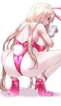  1girl animal_ears ass back bare_shoulders blonde_hair blush bow bowtie breasts cellphone closed_mouth commentary english_commentary fake_animal_ears fake_tail goddess_of_victory:_nikke high_heels highres horns large_breasts leotard long_hair pantyhose phone pink_eyes pink_horns pink_leotard playboy_bunny rabbit_ears rabbit_tail smile solo squatting tail thighs uenoryoma viper_(nikke) viper_(toxic_rabbit)_(nikke) white_background white_pantyhose wrist_cuffs 