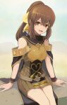  1girl armor bare_shoulders bow bowtie bracelet breastplate breasts brown_eyes brown_hair cape commentary delthea_(fire_emblem) double-parted_bangs dress fang fire_emblem fire_emblem_echoes:_shadows_of_valentia hair_between_eyes highres jewelry labebebe_lee looking_at_viewer medium_hair open_mouth pencil_dress ponytail short_dress sitting small_breasts smile solo yellow_bow yellow_bowtie 