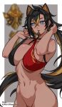  1girl arms_up asymmetrical_clothes bare_shoulders black_hair blonde_hair blue_eyes blurry blurry_background border bottomless breasts criss-cross_halter crossed_bangs dangle_earrings dark-skinned_female dark_skin dehya_(genshin_impact) earrings genshin_impact grey_background hair_between_eyes hair_ears hair_intakes halterneck highres hip_bones holding_own_hair jewelry large_breasts long_hair looking_to_the_side mouth_hold multicolored_hair navel out-of-frame_censoring parted_lips sleepysleipnir solo stomach strap_lift streaked_hair toned twitter_username two-tone_hair very_long_hair white_border yellow_pupils 
