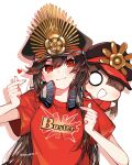  1girl buster_shirt family_crest fate/grand_order fate_(series) hat headphones headphones_around_neck heart hi_(wshw5728) highres light_smile military_hat oda_nobunaga_(fate) oda_nobunaga_(swimsuit_berserker)_(fate) oda_uri peaked_cap red_eyes red_shirt shirt simple_background 