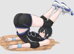  1girl bandaged_fingers bandages black_hair brown_eyes elbow_pads fuku_(fuku12290574) grey_background highres jersey knee_pads lying on_back original shoes short_hair shorts simple_background sneakers solo sportswear stretching sweatdrop volleyball_uniform 