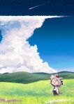  1girl animal_ears bare_shoulders black_eyes blush blush_stickers carte cloud cumulonimbus_cloud detached_sleeves field grey_hair hat highres inubashiri_momiji open_mouth pom_pom_(clothes) scenery shirt shooting_star short_hair solid_circle_eyes solo tail tokin_hat touhou wolf_ears wolf_girl wolf_tail 