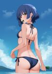  1girl absurdres ass bikini black_bikini blue_hair blue_sky bocchi_the_rock! cloud commentary_request cowboy_shot day from_behind green_eyes highres holding kinomiki looking_at_viewer looking_back mole mole_under_eye mouth_hold outdoors short_hair side-tie_bikini_bottom sky solo swimsuit water yamada_ryo 