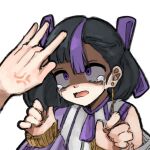  1boy 1girl anger_vein crying crying_with_eyes_open earrings flick forehead_flick goddess_of_victory:_nikke jewelry long_sleeves medium_hair multicolored_hair nijigen_blueshy open_mouth purple_eyes purple_hair scared simple_background sleeves_past_wrists syuen_(nikke) tears white_background 