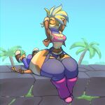  2023 activision anthro bandicoot big_butt bigdad blonde_hair blue_hair breasts bulge butt cleavage clothed clothing crash_bandicoot crash_bandicoot_(series) duo facesitting female footwear green_eyes hair huge_butt male male/female mammal marsupial multicolored_hair navel outside pirate_tawna plant shoes sitting_on_another smile tree two_tone_hair wide_hips 