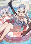  2girls absurdres bare_shoulders bikini black_gloves blue_eyes blush breasts britomart_(fate) collarbone double_bun elbow_gloves fate/grand_order fate_(series) forked_eyebrows gloves grey_hair hair_bun hairband highres innertube katsu_(katsupainter) long_hair looking_at_viewer melusine_(fate) multiple_girls navel open_mouth pointy_ears pool sidelocks small_breasts smile swimsuit thighs twintails v very_long_hair water white_bikini white_hair yellow_eyes 