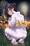  1girl absurdres black_hair blurry blurry_background blush brown_eyes closed_mouth commentary_request fireworks from_behind grass highres jack_dempa japanese_clothes kimono looking_at_viewer night night_sky original outdoors short_hair sky socks solo_focus squatting tabi watanabe_ayasa_(jackdenpa) white_kimono white_socks yukata 