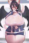  &lt;3 :3 absurd_res alternate_species anthro big_breasts black_hair black_wings blue_archive blue_clothing blue_jacket blue_topwear blurred_background blush bodily_fluids bottomwear breasts clothed clothing domestic_cat dot_eyes ears_up feathered_wings feathers felid feline felis female fur hair hair_between_eyes half-closed_eyes halo hasumi_(blue_archive) hi_res huge_breasts jacket kakuteki11029 licking long_hair looking_at_viewer mammal narrowed_eyes open_clothing open_jacket open_topwear ponytail raised_tail red_eyes self_lick shorts solo standing sweat tail thick_thighs tongue tongue_out topwear white_body white_fur wide_hips wings 