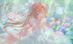  1girl bare_arms blue_flower blue_rose blurry blurry_background bouquet breasts clarisse_(granblue_fantasy) cleavage company_name copyright dress flower granblue_fantasy green_eyes hair_ornament hydrangea long_hair official_art one_eye_closed open_mouth orange_hair outstretched_arms ponytail rain reaching reaching_towards_viewer rose sidelocks sleeveless sleeveless_dress small_breasts solo spread_arms upper_body veil white_dress 