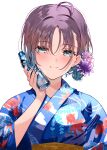  1girl absurdres ahoge animal_print aqua_eyes aqua_hair asakura_toru blue_kimono blue_nails commentary_request earrings fish_print flower gradient_hair grey_hair hair_flower hair_ornament highres idolmaster idolmaster_shiny_colors japanese_clothes jewelry kimono looking_at_viewer multicolored_hair parted_bangs print_kimono puni_(punycolors) ramune short_hair solo two-tone_hair upper_body white_background 