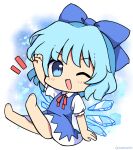  1girl barefoot blue_bow blue_dress blue_eyes blue_hair blush bow chibi cirno collared_shirt detached_wings dress fairy hair_bow highres ice ice_wings one_eye_closed open_mouth ramudia_(lamyun) shirt short_hair short_sleeves smile solo touhou white_shirt wings 