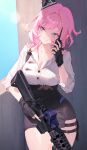  1girl alternate_costume assault_rifle assault_visor black_gloves black_headwear black_skirt blue_eyes breasts buttons cleavage closed_mouth collarbone elysia_(honkai_impact) fingerless_gloves gloves gun highres holding holding_walkie-talkie holding_weapon honkai_(series) honkai_impact_3rd large_breasts lilithmy looking_away pink_hair pointy_ears rifle shirt skirt sky smile solo standing upper_body walkie-talkie weapon white_shirt 
