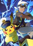  1boy absurdres belt belt_buckle blue_background boots brown_belt brown_footwear brown_jacket buckle captain_pikachu clothed_pokemon commentary_request electricity friede_(pokemon) goggles goggles_on_head grin hand_up highres jacket leg_up long_sleeves male_focus open_clothes open_jacket pants pikachu pokemon pokemon_(anime) pokemon_(creature) pokemon_horizons pon_yui shirt smile teeth white_hair yellow_eyes 