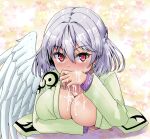  1girl angel_wings arm_under_breasts blush breasts cleavage commentary_request covering_mouth cum cum_on_body cum_on_breasts cum_on_hands facial feathered_wings grey_hair hair_between_eyes hand_up heart heart_background highres hits_(hitstts) jacket kishin_sagume large_breasts long_sleeves looking_at_viewer medium_hair shadow simple_background single_wing solo touhou upper_body wings 