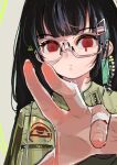  1girl absurdres black_hair blunt_bangs closed_mouth earrings glasses green_jacket hair_ornament hairclip highres jacket jewelry looking_at_viewer medium_hair original outstretched_hand polilla reaching reaching_towards_viewer red_eyes solo spread_fingers upper_body 