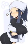  1girl akari_(pokemon) artist_name black_bodysuit black_eyes blue_hair blush bodysuit breasts closed_mouth covered_nipples dark_blue_hair grey_background head_scarf heart highres jellcaps large_breasts looking_to_the_side pokemon pokemon_(game) pokemon_legends:_arceus short_hair smile solo spoken_heart two-tone_background white_background 