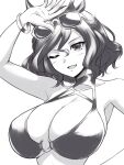  1girl animal_ears arm_up armpits bare_shoulders bikini breasts cleavage commentary_request eyewear_on_head greyscale hair_between_eyes hand_on_own_hip horse_ears large_breasts monochrome o-ring o-ring_bikini o-ring_top one_eye_closed open_mouth pataneet short_hair simple_background smile solo sunglasses swimsuit tap_dance_city_(umamusume) umamusume upper_body white_background 