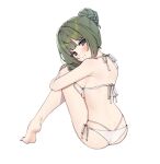  1girl aa211108 ass back barefoot bikini breast_press breasts green_hair hair_bun heel_up heterochromia holding_legs idolmaster idolmaster_cinderella_girls looking_at_viewer looking_back medium_breasts mole mole_under_eye short_hair single_hair_bun solo string_bikini swimsuit takagaki_kaede thighs white_bikini 