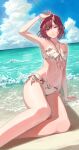  1girl absurdres arm_up armpits beach bikini blue_sky breasts brown_hair cloud commentary_request day floral_print groin highres higuchi_madoka horizon idolmaster idolmaster_shiny_colors light_rays light_smile looking_at_viewer mole mole_under_eye navel outdoors print_bikini red_eyes sitting sky small_breasts solo swimsuit wavy_hair white_bikini yokozuwari zelo6 