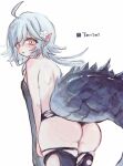  1girl ahoge arknights ass bare_back black_panties black_thighhighs blush character_name cowboy_shot crocodilian_tail flower from_behind grey_hair hair_flower hair_ornament long_hair looking_at_viewer looking_back morita_(pixiv31883607) panties parted_lips pointy_ears solo tail thighhighs thighs tomimi_(arknights) torn_clothes torn_panties torn_thighhighs underwear white_flower yellow_eyes 