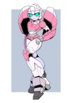  1girl arcee autobot blue_eyes border grey_background hand_on_own_hip highres looking_at_viewer mecha outside_border robot smile solo tanaki_bouei transformers white_border 