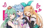  3girls absurdres black_gloves blonde_hair blue_bow blue_eyes blue_hair blush bow closed_eyes crown detached_sleeves elira_pendora elira_pendora_(1st_costume) finana_ryugu finana_ryugu_(1st_costume) flower gloves green_hair grin hair_bow hair_flower hair_ornament hair_over_one_eye hakamii halterneck head_wings heart highres lazulight long_hair multiple_girls nijisanji nijisanji_en pointy_ears pomu_rainpuff pomu_rainpuff_(1st_costume) purple_eyes purple_flower smile wings wrist_cuffs 