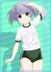  1girl blush breasts brown_eyes buruma character_name cowboy_shot green_background green_buruma grey_hair gym_uniform hair_ribbon highres inaba_shiki kantai_collection ooshio_(kancolle) ribbon shirt short_hair short_twintails small_breasts smile standing standing_on_one_leg twintails 