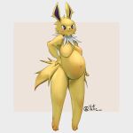  1:1 3_toes anthro barefoot belly big_belly big_breasts blush breasts digital_media_(artwork) eeveelution featureless_breasts feet female fingers full-length_portrait fur generation_1_pokemon hair hand_on_hip hi_res jolteon mammal navel nintendo nude outie_navel overweight pokemon pokemon_(species) portrait pregnant pregnant_female purple_eyes signature simple_background solo standing tail toes yellow_body yellow_fur yutic 