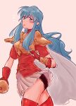  1girl black_panties blue_eyes blue_hair blush boots cape eirika_(fire_emblem) english_commentary fingerless_gloves fire_emblem fire_emblem:_the_sacred_stones gloves hair_behind_ear herdwicoco highres holding holding_sword holding_weapon long_hair looking_back notice_lines panties pantyshot pink_background pleated_skirt rapier red_footwear red_gloves red_shirt shirt sidelocks skirt solo sword thigh_boots underwear very_long_hair weapon white_cape 