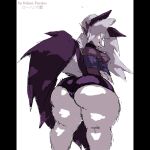  2022 anthro big_butt biped bottomwear butt canid canid_demon canine canis clothed clothing crop_top demon digital_media_(artwork) female fur glistening glistening_bottomwear glistening_clothing glistening_shorts hair hellhound helluva_boss loona_(helluva_boss) mammal rear_view rohan_furries shirt shorts shoulderless_shirt simple_background solo thick_thighs topwear unfinished white_body white_fur wide_hips wolf 