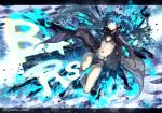  1girl arm_cannon bikini bikini_top_only black_hair black_rock_shooter black_rock_shooter_(character) blue_eyes coat flaming_eye full_body highres isshi_pyuma long_hair midriff navel no_shirt pale_skin revision scar short_shorts shorts solo stomach swimsuit twintails uneven_twintails weapon 