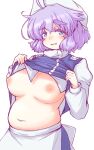  1girl apron belly blue_eyes blue_skirt blue_vest blush breasts breasts_apart clothes_lift commentary_request embarrassed hat hensheru highres large_breasts letty_whiterock lifted_by_self light_purple_hair long_sleeves looking_at_viewer medium_hair navel nipples no_bra plump shirt shirt_lift simple_background skirt solo stomach touhou upper_body vest waist_apron white_apron white_background white_headwear white_shirt 