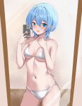  1girl :d absurdres bikini blue_eyes blue_hair breasts cellphone highres holding holding_phone hololive hoshimachi_suisei iris_angel12xii looking_at_viewer medium_breasts mirror navel official_alternate_hair_length official_alternate_hairstyle open_mouth phone reflection selfie short_hair smartphone smile solo star_(symbol) star_in_eye stomach swimsuit symbol_in_eye virtual_youtuber white_bikini 