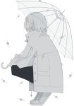  1girl black_pants candy expressionless food from_side full_body grey_hair hair_between_eyes highres jacket kneeling midou_0r original pale_skin pants raincoat shoes short_hair solo umbrella white_background white_hair white_jacket 