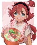  1girl :d ahoge black_hairband blue_eyes border commentary_request engawa_de gundam gundam_suisei_no_majo hair_between_eyes hairband haro highres holding_cooking_pot hotpot long_hair looking_at_viewer low_ponytail mushroom open_mouth oven_mitts pink_background red_hair shiitake shirt short_sleeves smile solo steam suletta_mercury t-shirt tan thick_eyebrows tomato upper_body white_border white_shirt 