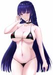  1girl absurdres bare_shoulders bikini black_bikini black_choker breasts choker closed_mouth collarbone commentary_request cowboy_shot earrings expressionless highres honkai_(series) honkai_impact_3rd jewelry large_breasts long_hair looking_at_viewer mordrex_art navel nipples nude parted_lips purple_eyes purple_hair raiden_mei simple_background single_earring solo standing stomach swimsuit white_background 