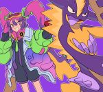  1girl coat commentary_request crossover gloves green_necktie grin hatsune_miku highres long_hair long_sleeves necktie open_clothes open_coat outline overall_shorts overalls pink_gloves pink_hair poison_miku_(project_voltage) pokemon pokemon_(creature) project_voltage purple_background raised_eyebrows smile teeth toxtricity toxtricity_(amped) twintails tyako_089 vocaloid 