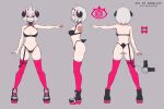  1girl absurdres artist_name ass back boots bow bra commentary english_commentary from_side full_body grey_background grey_hair hair_between_eyes highres horns indie_virtual_youtuber multiple_horns multiple_views nano_(nanoless) nanoless navel panties patreon_username reference_sheet sharp_teeth short_hair simple_background skindentation smile standing teeth thighhighs twitter_username underwear virtual_youtuber watermark 
