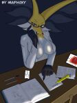  anthro artmaphoxy blue_eyes breasts celphone dark_room delphox eyewear female fur generation_6_pokemon glasses hi_res looking_down maphoxy medium_breasts nintendo paper pencil_(object) pencil_in_mouth pokemon pokemon_(species) reading solo studying tablet white_body white_fur 