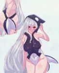 1girl animal_hood arknights arm_up ass back backless_swimsuit bare_shoulders black_one-piece_swimsuit blush breasts casual_one-piece_swimsuit cetacean_tail closed_mouth fins fish_tail groin hood hooded_swimsuit large_breasts long_hair looking_at_viewer motion_lines multiple_views one-piece_swimsuit orca_hood own_hands_together pink_eyes simple_background skadi_(arknights) skindentation smile swimsuit tail tsume3mai two-tone_swimsuit very_long_hair white_background white_hair white_one-piece_swimsuit 