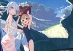  2girls ahoge armpits arms_up ass bare_shoulders blonde_hair blue_one-piece_swimsuit blue_sky blush breasts cliff dress genshin_impact gradient_hair green_eyes green_hair hair_ornament highres klee_(genshin_impact) leaf_hair_ornament long_hair looking_at_viewer looking_back low_twintails medium_hair multicolored_hair multiple_girls nahida_(genshin_impact) one-piece_swimsuit open_mouth pointy_ears red_eyes sakimiya_mafu side_ponytail sidelocks sky small_breasts swimsuit symbol-shaped_pupils thighs tree twintails wet wet_clothes white_dress white_hair white_one-piece_swimsuit 