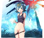  1girl arm_behind_back bad_id bad_twitter_id bare_shoulders bikini bikini_bottom_only black_bikini black_shirt blue_eyes blue_hair blue_sky blush border bright_pupils collarbone cowboy_shot crop_top day hairband hand_up happy has_bad_revision has_censored_revision lana_(pokemon) lens_flare navel open_mouth outdoors outside_border palm_tree pokeeti pokemon pokemon_(anime) pokemon_sm_(anime) pulled_by_self pussy pussy_juice shirt short_hair sidelocks sky sleeveless sleeveless_shirt smile solo standing stomach swimsuit teeth tree uncensored white_border white_pupils yellow_hairband 