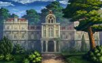  blue_sky bush cloud cobblestone game_cg justinas_vitkus landscape leaf mansion no_humans official_art outdoors overgrown path plant ruined_western_mansion ruins sky sunlight third-party_source touhou touhou_cannonball tree vines window 