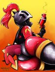  anthro armor big_butt breasts butt clothing dragon female fempyro flame_pattern flare_gun gloves gun handwear headgear helmet hi_res hidden_face humanoid knight latex_gloves latex_stockings logo mask narrikatti pyro_(team_fortress_2) ranged_weapon rubber rubber_clothing rubber_suit side_boob solo tail team_fortress_2 torn_clothing valve warrior weapon 
