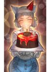  1girl ^_^ animal_ears birthday_cake blue_pants blush brown_background cake closed_eyes collared_shirt commentary_request facial_mark facing_viewer food grey_hair grin happy_birthday hat highres long_sleeves nia_(xenoblade) pants party_hat r123 red_headwear shirt short_hair smile solo thick_eyebrows tilted_headwear v-shaped_eyebrows white_shirt xenoblade_chronicles_(series) xenoblade_chronicles_2 