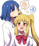  2girls absurdres ahoge black_bow blonde_hair blue_hair blush bocchi_the_rock! bow closed_eyes commentary detached_ahoge english_text highres hinghoi ijichi_nijika licking_hair long_hair medium_hair mole mole_under_eye multiple_girls pink_bow school_uniform shimokitazawa_high_school_uniform side_ponytail sidelocks simple_background sweatdrop symbol-only_commentary white_background yamada_ryou yuri 