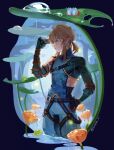  1boy belt black_belt blonde_hair blue_eyes bodysuit commentary flower frog hand_on_own_hip highres hireath_21 link male_focus orange_flower short_ponytail sidelocks solo symbol-only_commentary the_legend_of_zelda the_legend_of_zelda:_breath_of_the_wild water_drop 