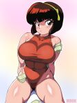  1girl absurdres banknote breasts brown_eyes brown_hair donguri2 gradient_background highres impossible_clothes large_breasts leotard looking_at_viewer money ranma_1/2 skin_tight solo tendou_nabiki thick_thighs thighs tucked_money 
